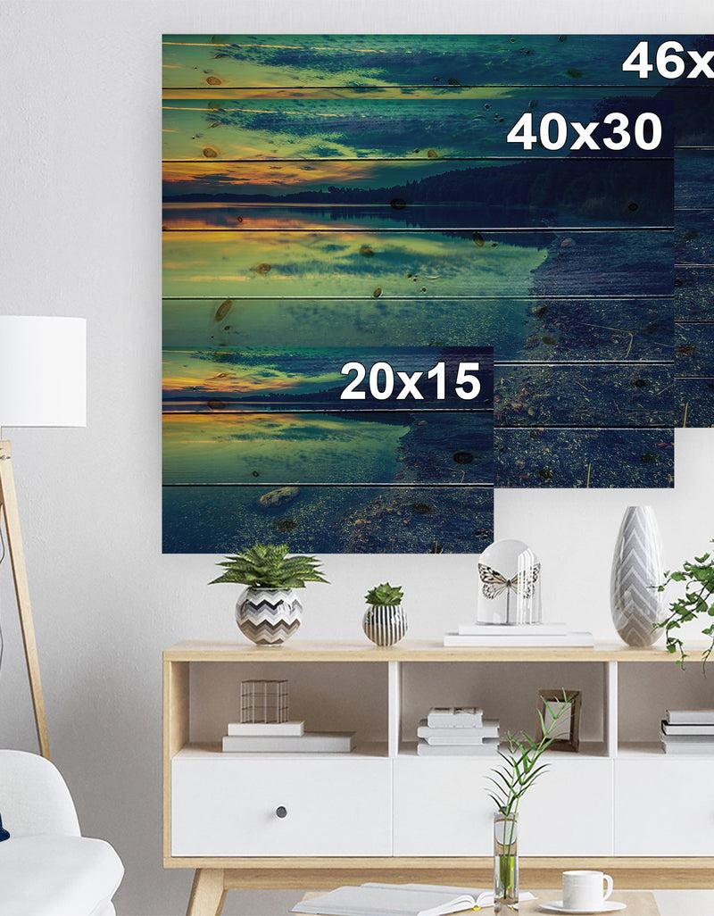 DesignQ Dark Vintage Lake At Sunset - Boat Print On Natural Pine Wood