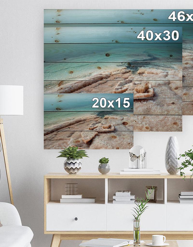 DesignQ Dead Sea Beach With Crystallized Salt - Seashore Print On Natural Pine Wood