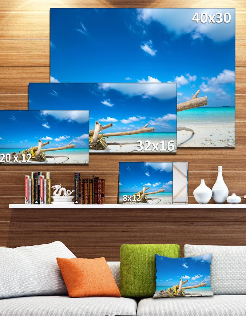 DesignQ Deadwood On White Sand Beach - Contemporary Seascape Art Canvas
