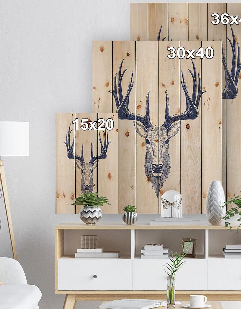DesignQ Deer Head Portrait - Sketch Animals Painting Print On Natural Pine Wood