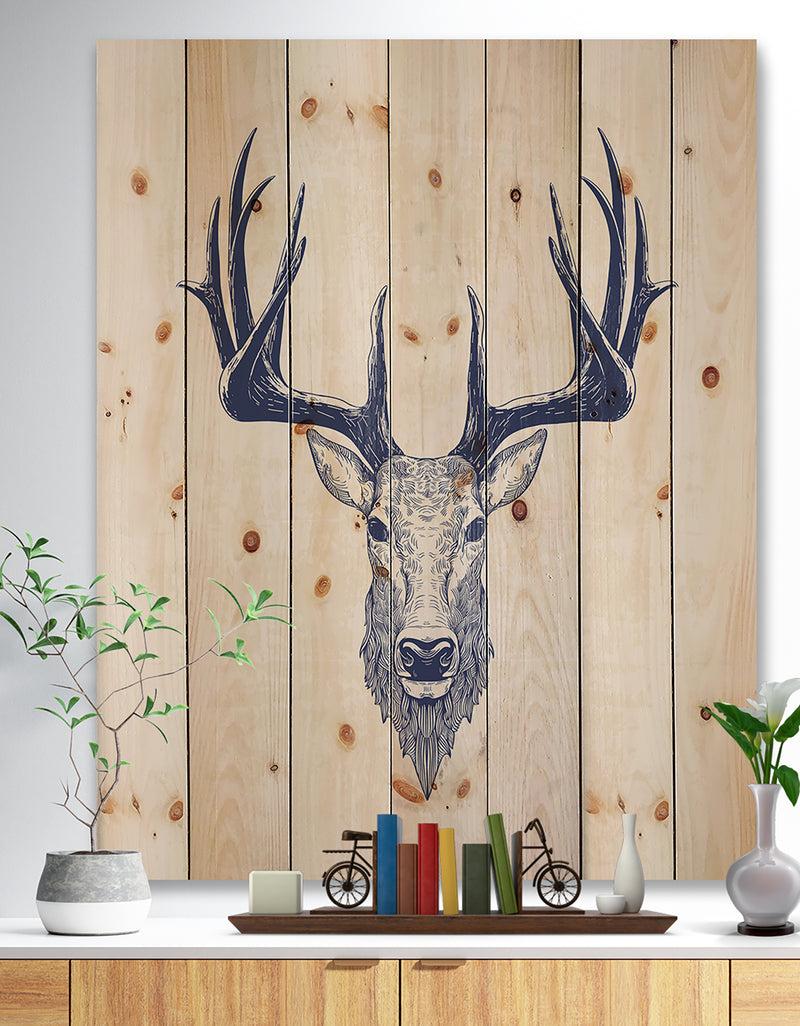 DesignQ Deer head Portrait - Sketch Animals Painting Print on Natural Pine Wood