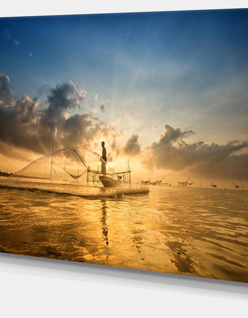 DesignQ Design Canvas Art Print 'Pakpra With Fisherman At Sunrise - Extra Large Landscape Canvas Art Print