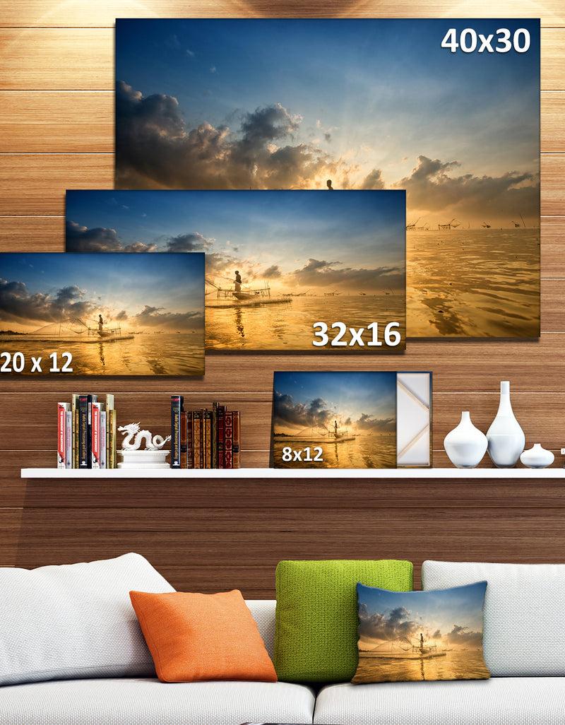DesignQ Design Canvas Art Print 'Pakpra With Fisherman At Sunrise - Extra Large Landscape Canvas Art Print