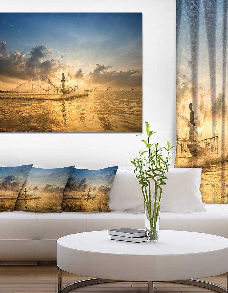 DesignQ Design Canvas Art Print 'Pakpra with Fisherman at Sunrise - Extra Large Landscape Canvas Art Print
