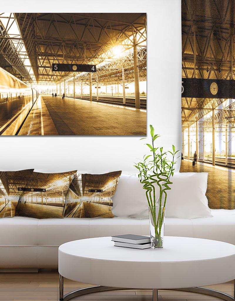 DesignQ Design Canvas Art Print 'Train At Railway Station With Sunlight - Extra Large Landscape Canvas Art Print