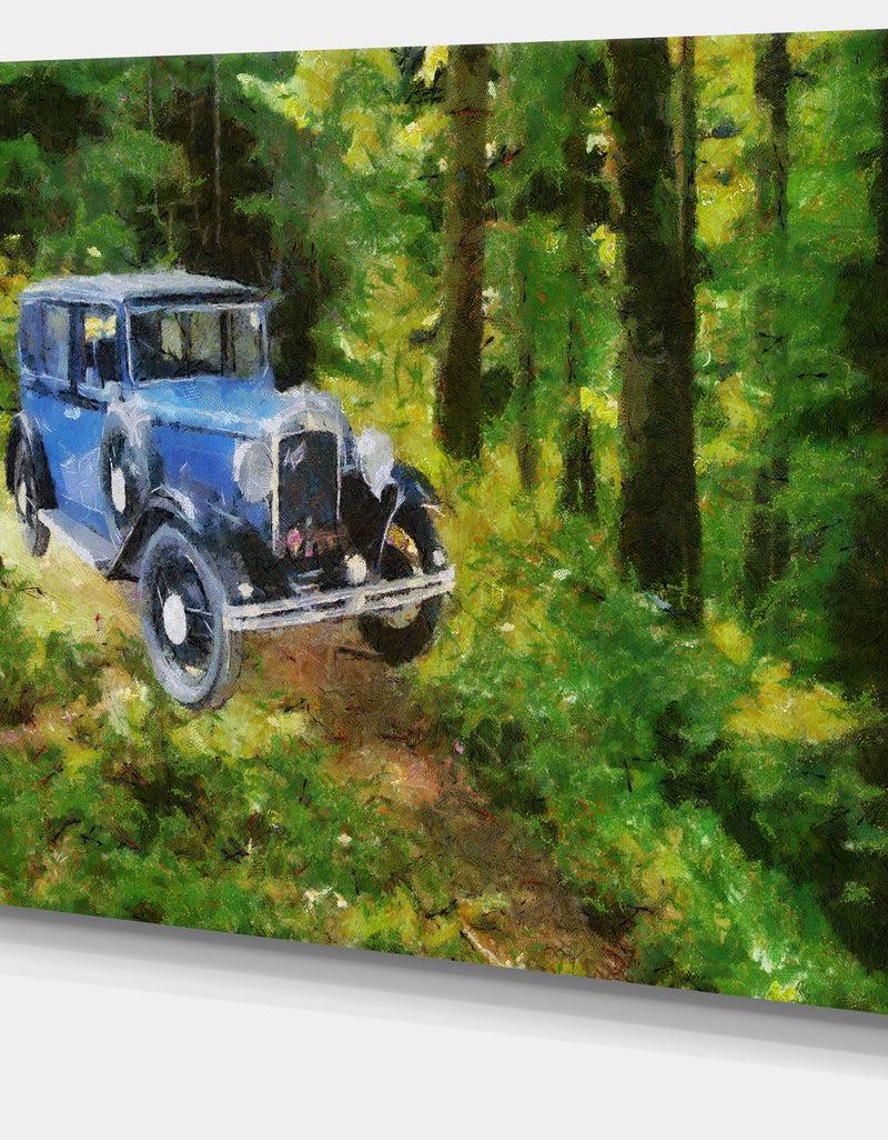 DesignQ Blue Vintage Car Oil Painting - Canvas Print