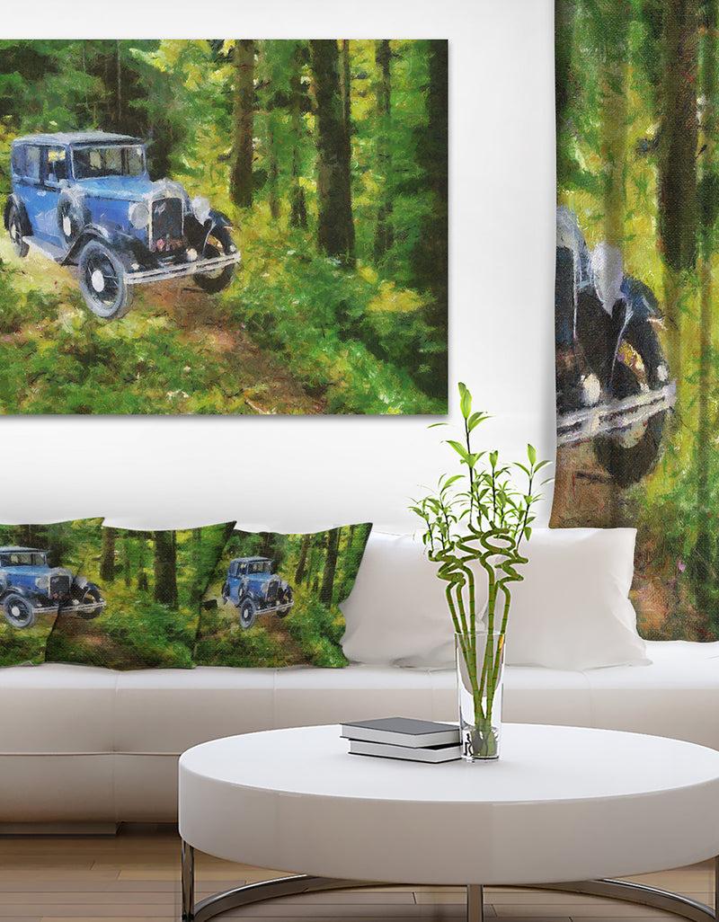 DesignQ Blue Vintage Car Oil Painting - Canvas Print