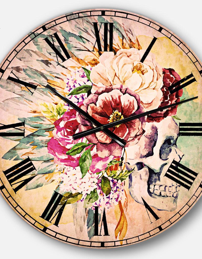 DesignQ Skull And Flowers - Floral Large Wall CLock