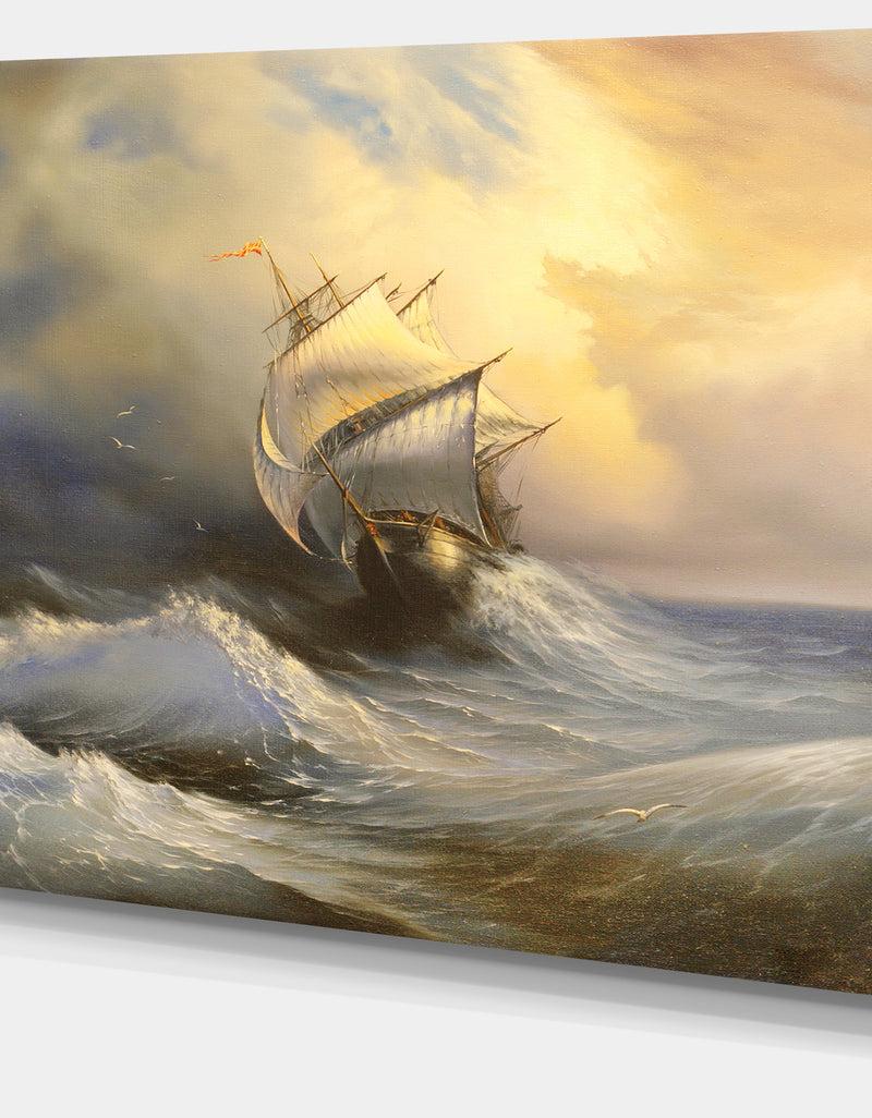 DesignQ Vessel In Stormy Sea - Seascape Canvas Print