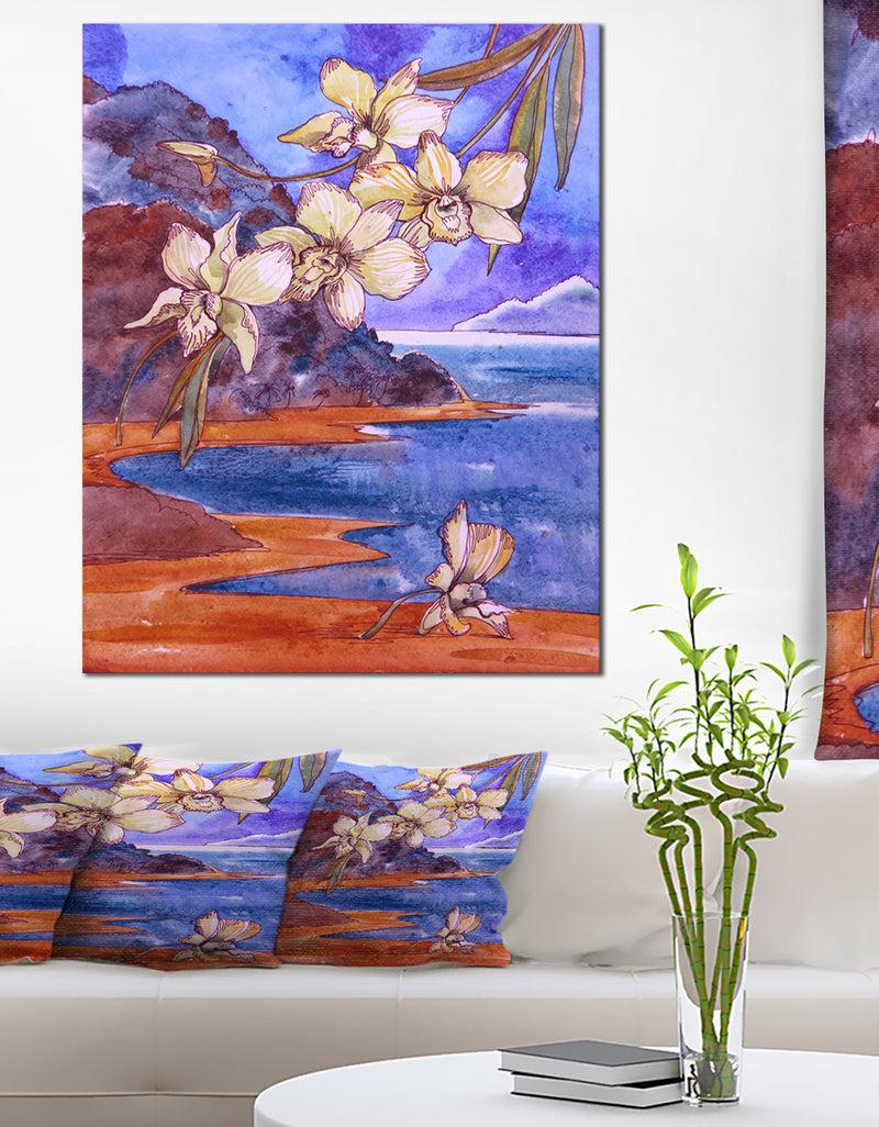 DesignQ White Orchid with Sea - Floral Canvas Print