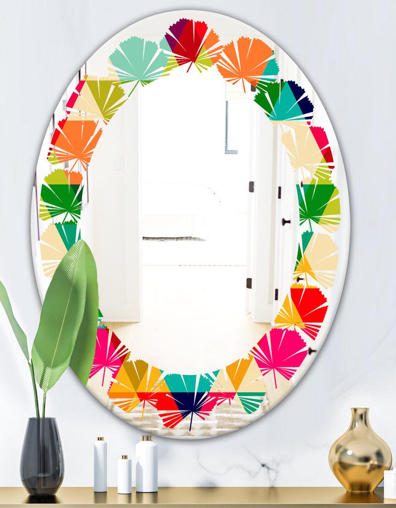 DesignQ Diamond Retro IX - Modern Round Or Oval Wall Mirror - Leaves