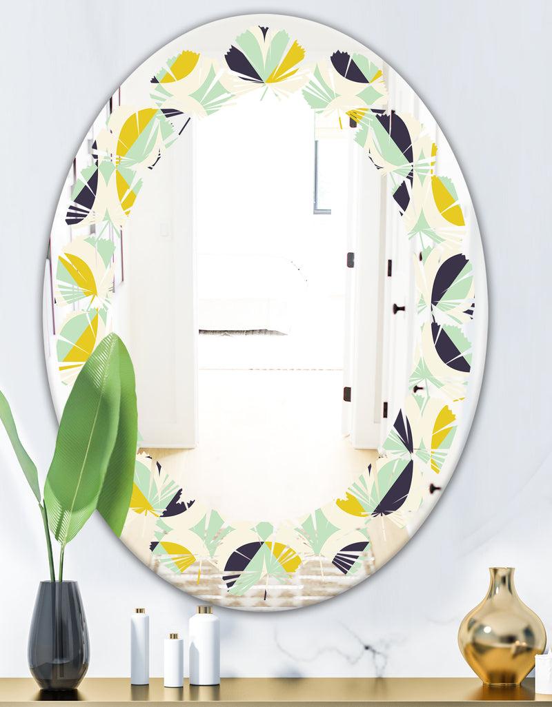 DesignQ Diamond Retro V - Modern Round Or Oval Wall Mirror - Leaves