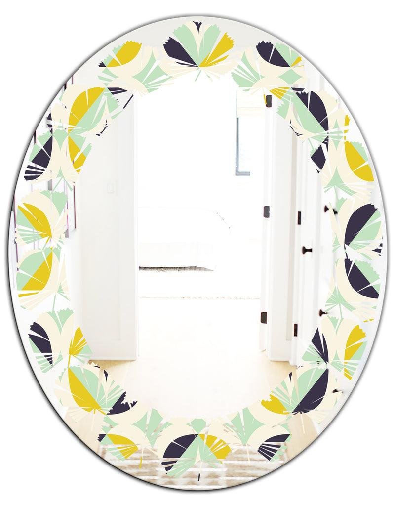 DesignQ Diamond Retro V - Modern Round Or Oval Wall Mirror - Leaves