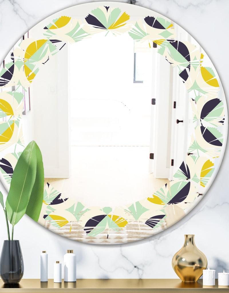 DesignQ Diamond Retro V - Modern Round or Oval Wall Mirror - Leaves