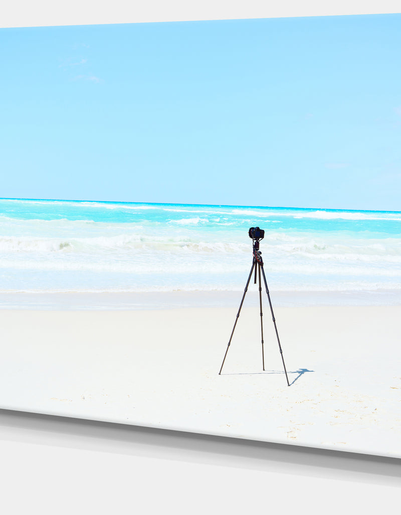 DesignQ Digital Camera And Tripod On Beach - Oversized Landscape Wall Art Print