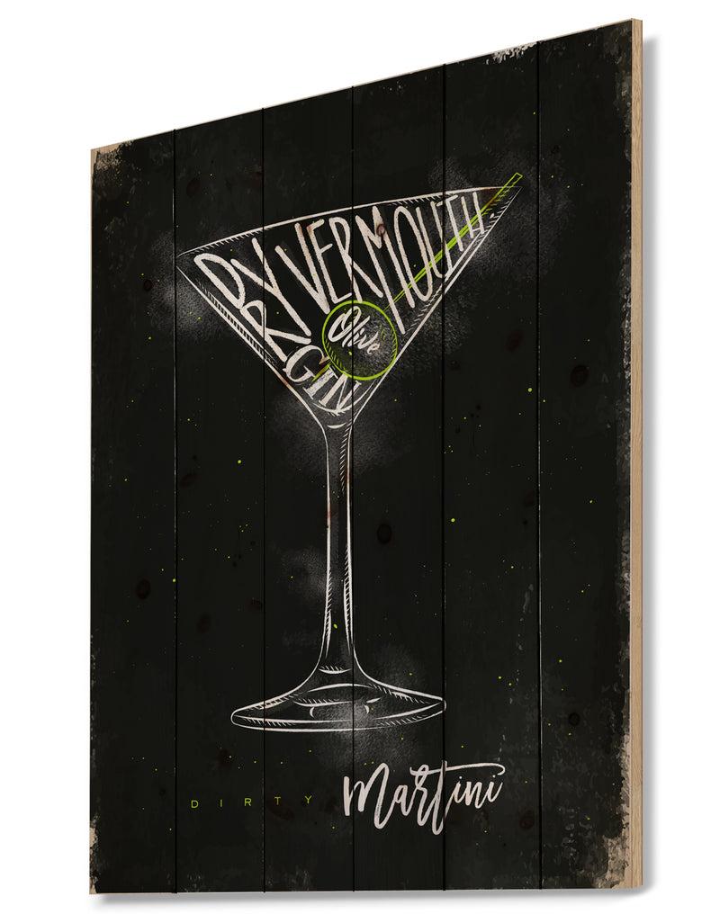 DesignQ Dirty Martini Cocktail Chalk Color - Food Painting Print On Natural Pine Wood