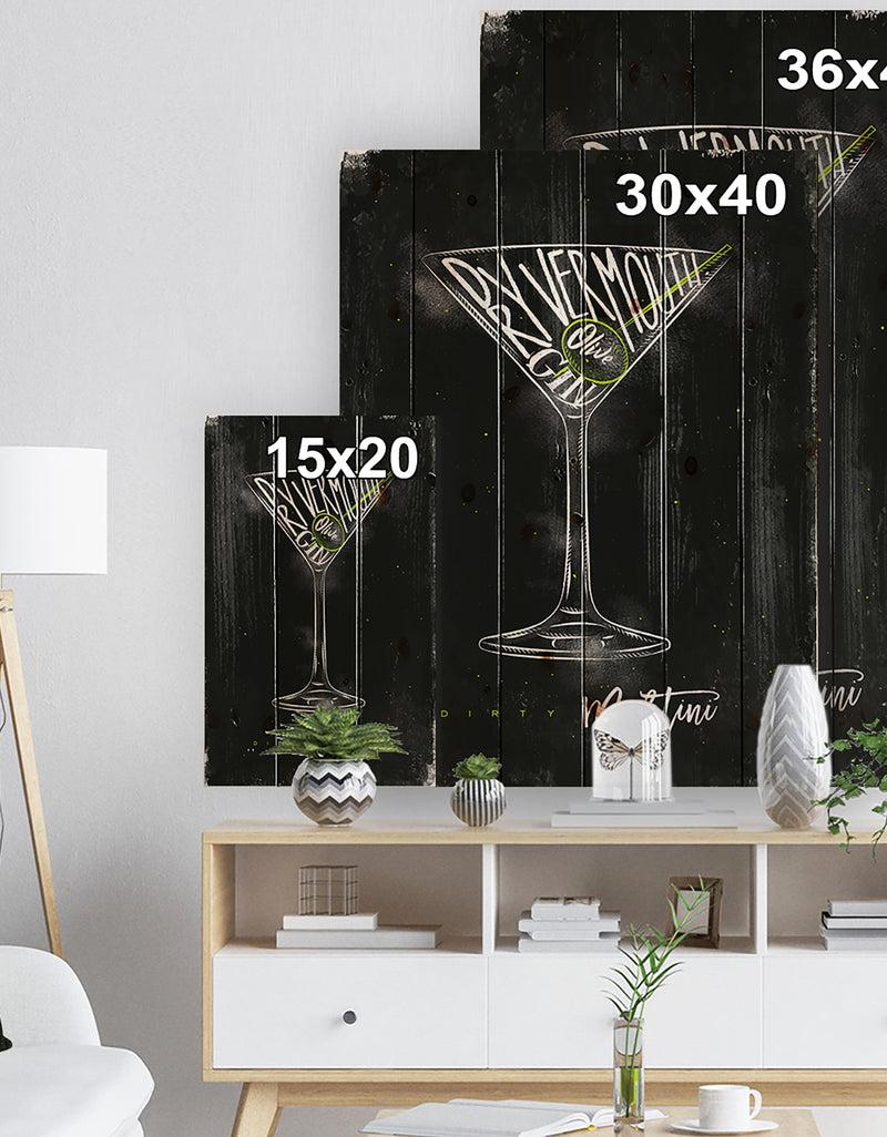 DesignQ Dirty Martini Cocktail Chalk Color - Food Painting Print On Natural Pine Wood