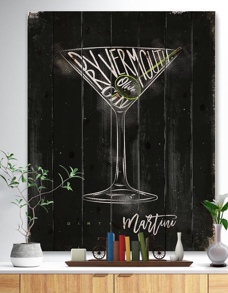 DesignQ Dirty martini cocktail chalk color - Food Painting Print on Natural Pine Wood