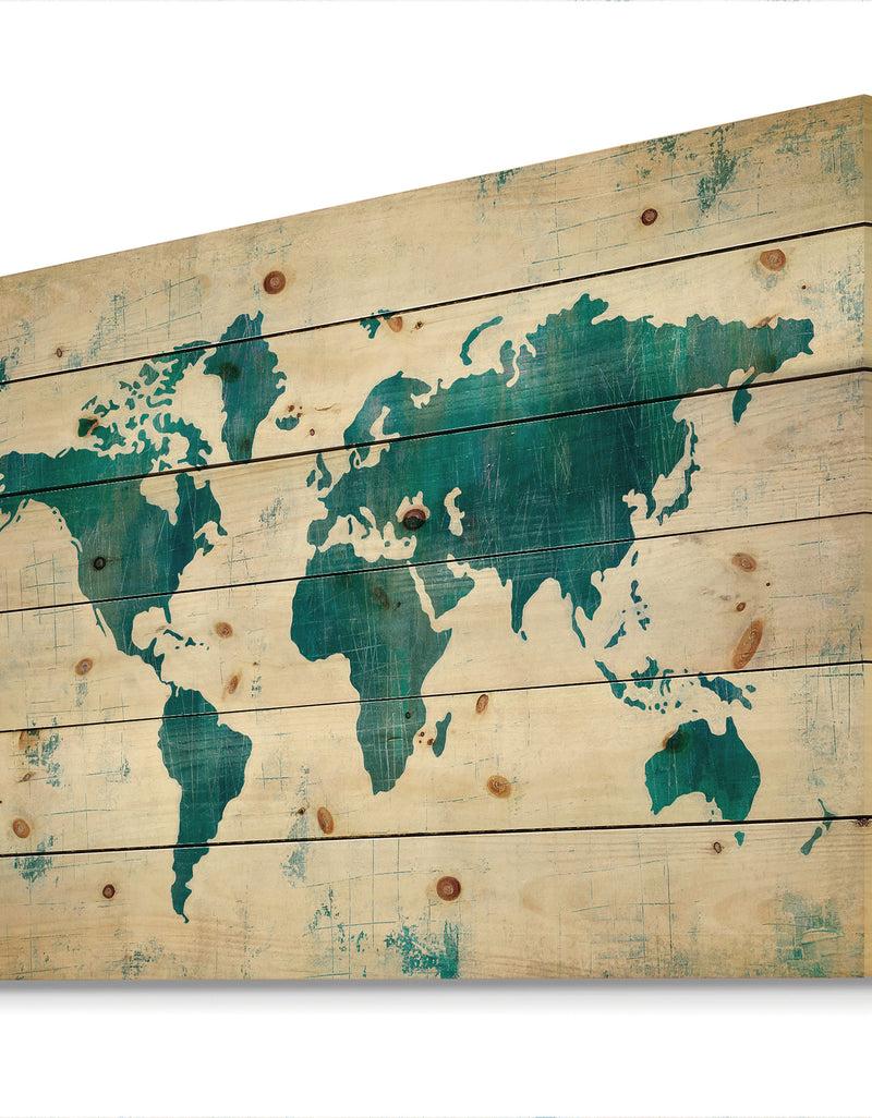 DesignQ Discover The World Map In Blue - Traditional Print On Natural Pine Wood