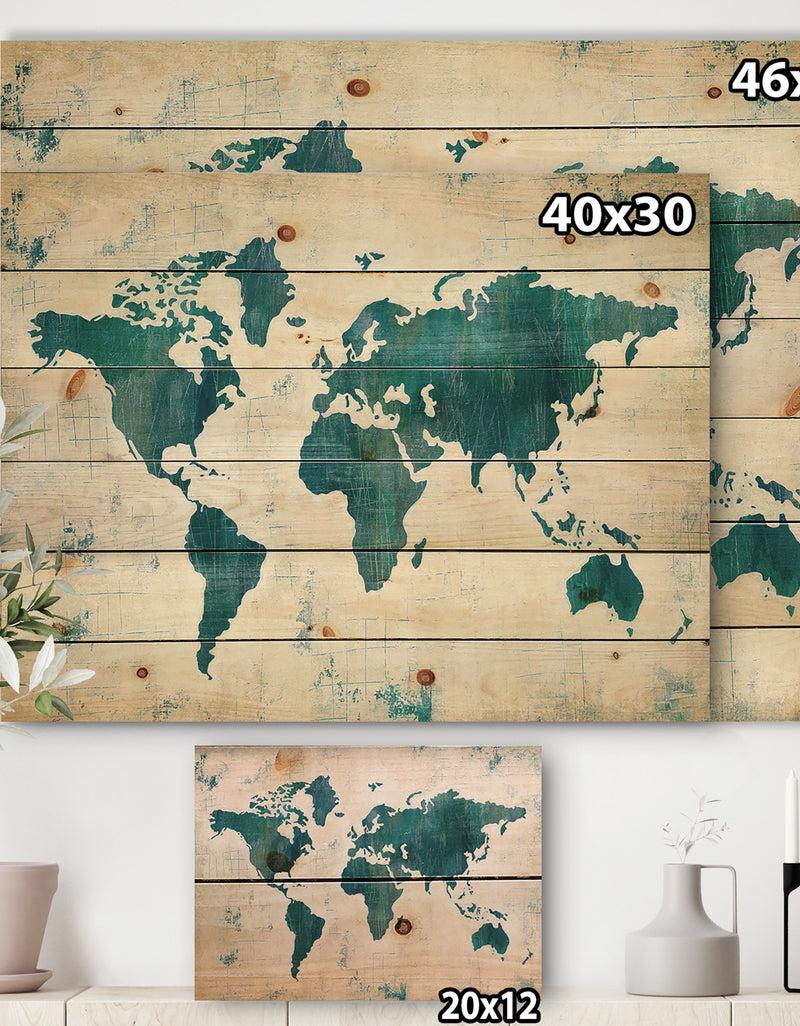 DesignQ Discover The World Map In Blue - Traditional Print On Natural Pine Wood