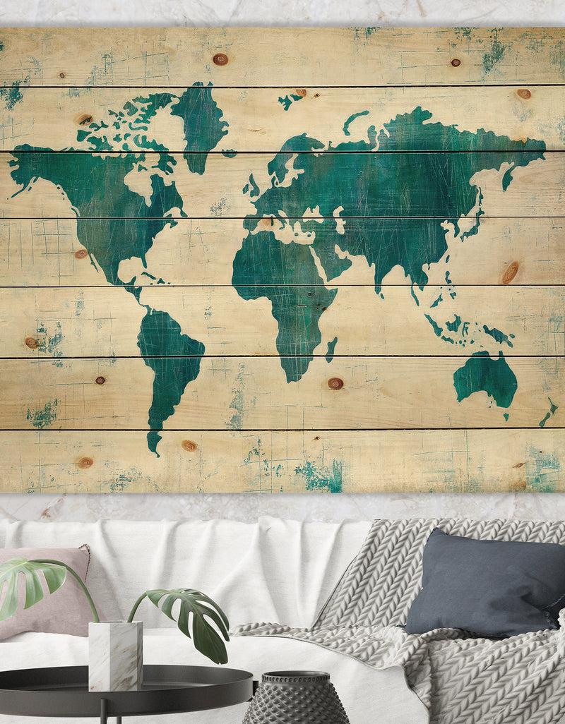 DesignQ Discover the World Map in Blue - Traditional Print on Natural Pine Wood