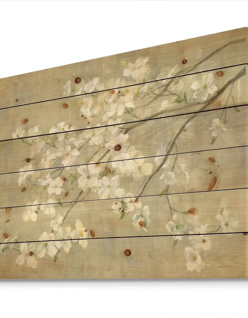 DesignQ Dogwood In Spring Neutral - Farmhouse Print On Natural Pine Wood