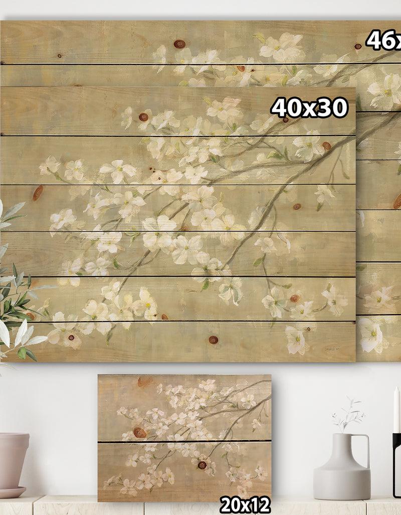 DesignQ Dogwood In Spring Neutral - Farmhouse Print On Natural Pine Wood