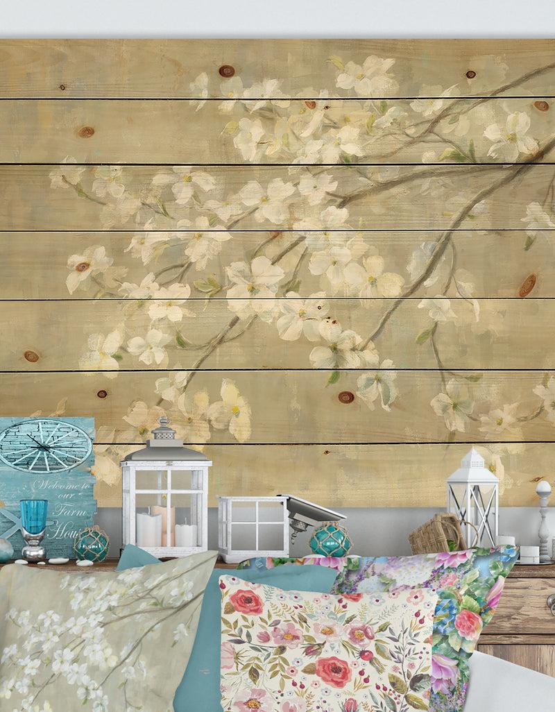 DesignQ Dogwood in Spring Neutral - Farmhouse Print on Natural Pine Wood