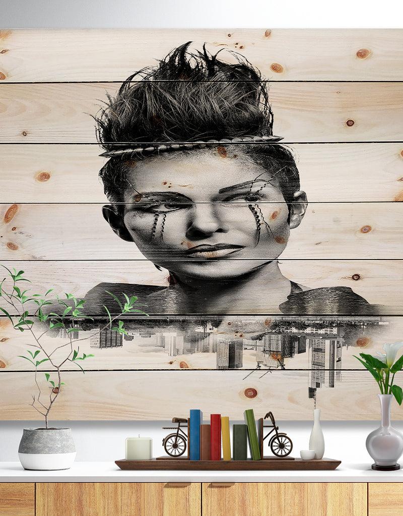DesignQ Double Exposure Woman With Hair - Portrait Print on Natural Pine Wood