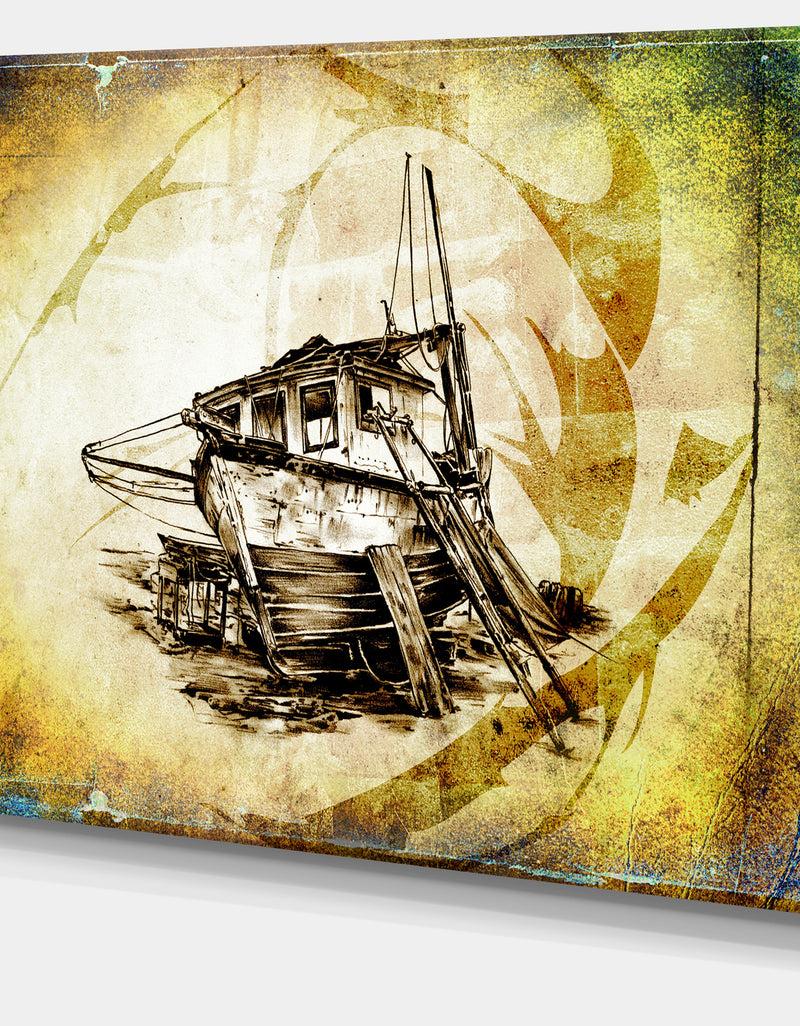 DesignQ Drawing Of Large Ancient Boat - Seashore Wall Art On Canvas