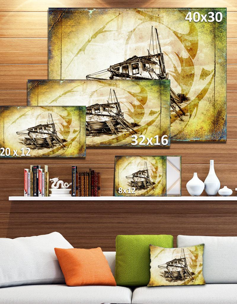 DesignQ Drawing Of Large Ancient Boat - Seashore Wall Art On Canvas