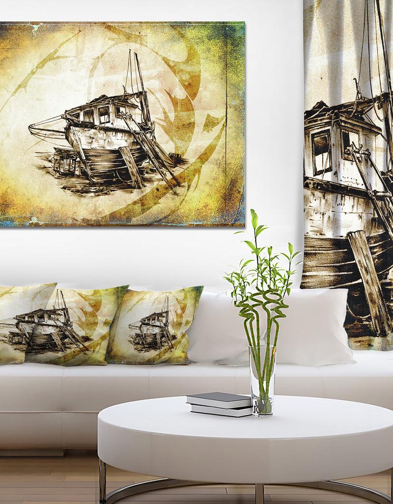 DesignQ Drawing of Large Ancient Boat - Seashore Wall Art on Canvas
