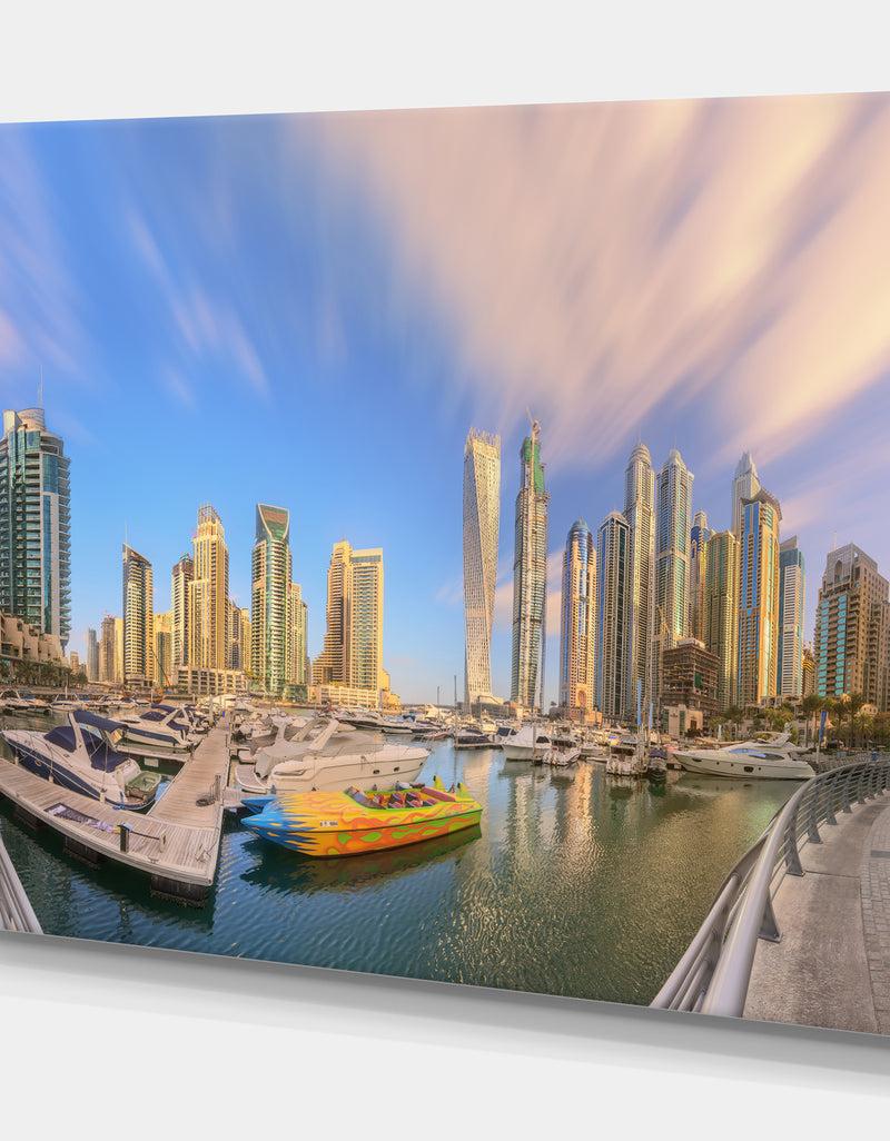 DesignQ Dubai Marina UAE. Panoramic View In Cloudy Sky - Cityscapes Photography On Wrapped Canvas