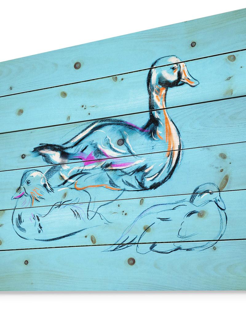 DesignQ Duck Painting - Animals Sketch Painting Print On Natural Pine Wood