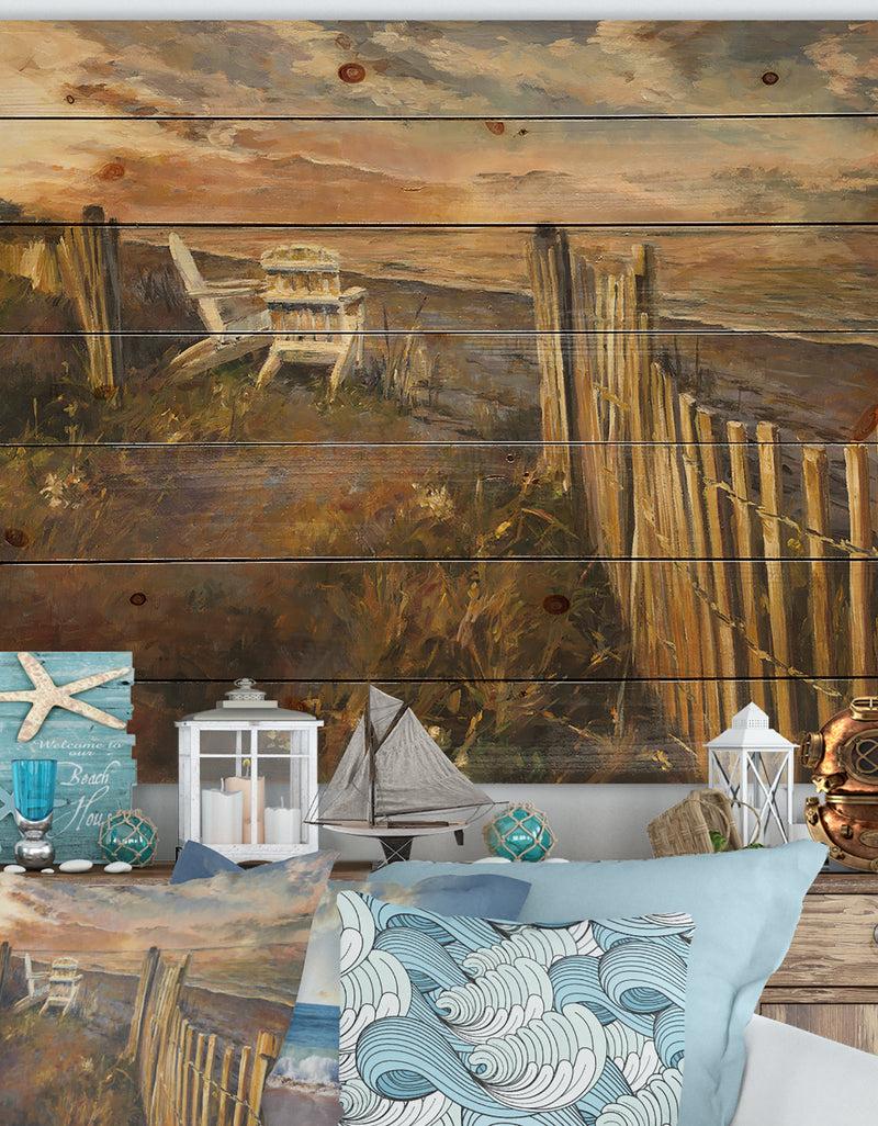 DesignQ Dunes Sunset - Nautical & Coastal Print on Natural Pine Wood