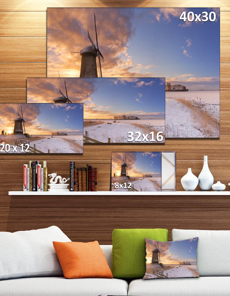 DesignQ Dutch Windmills At Sunrise - Large Glossy Canvas Art Print