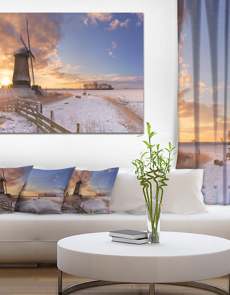 DesignQ Dutch Windmills at Sunrise - Large Glossy Canvas Art Print