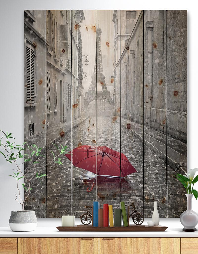 DesignQ Eiffel View from Paris Street - Cityscape Photo Print on Natural Pine Wood
