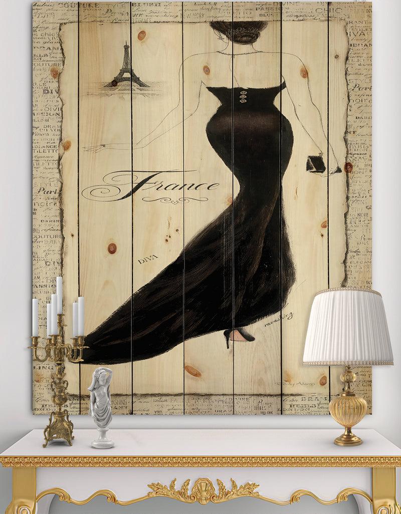 DesignQ Elegance Glam Paris Diva II - Fashion Print on Natural Pine Wood