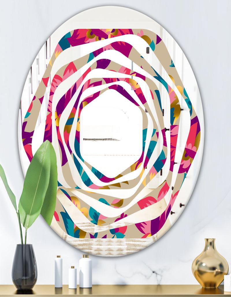 DesignQ Elegant Blossom Hand Drawn Folk Pattern - Cottage Round Or Oval Wall Mirror - Whirl