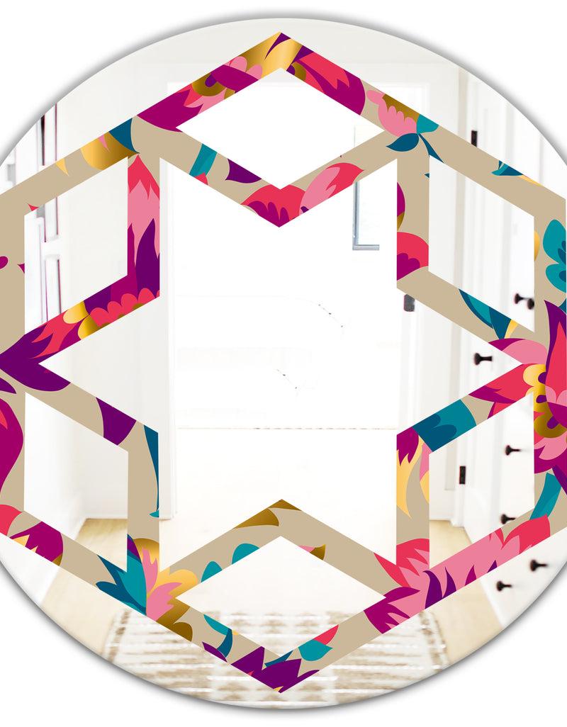 DesignQ Elegant Blossom Hand Drawn Folk Pattern - Cottage Round Or Oval Wall Mirror - Hexagon Star
