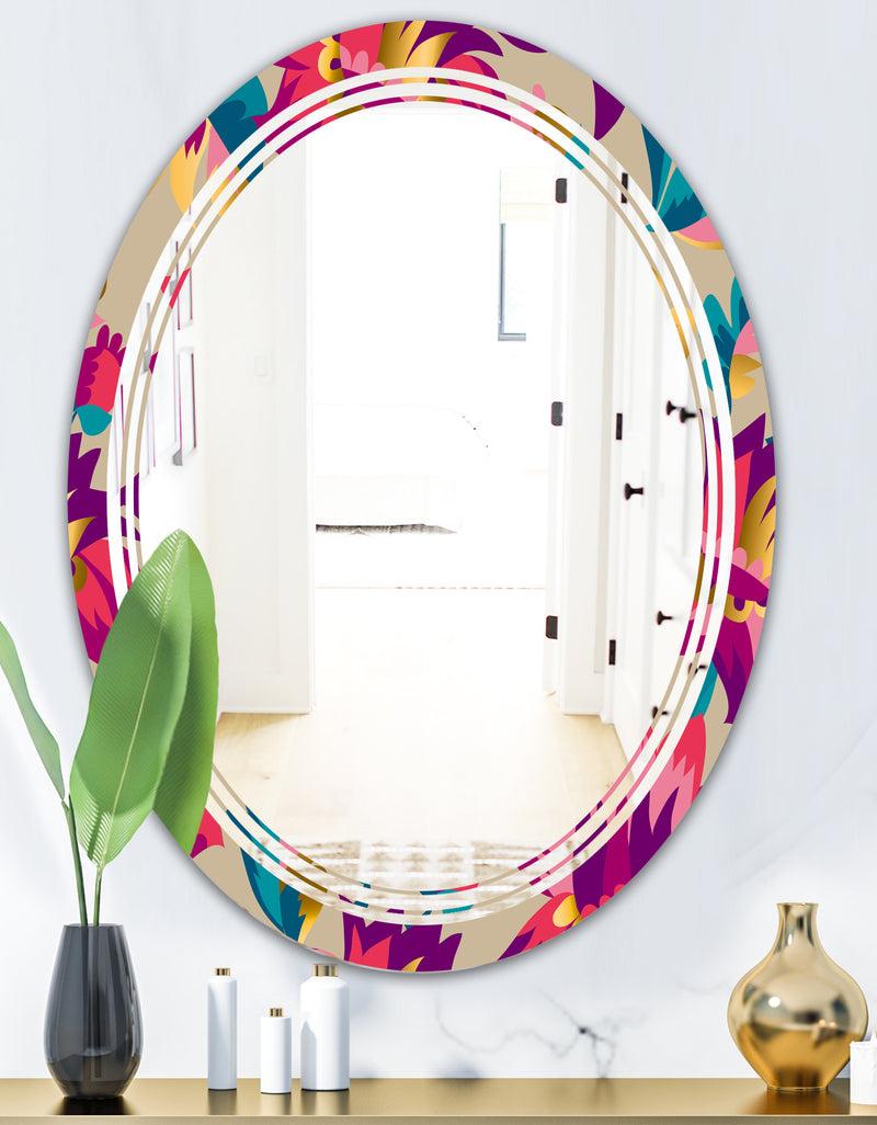 DesignQ Elegant Blossom Hand Drawn Folk Pattern - Cottage Round Or Oval Wall Mirror - Triple C