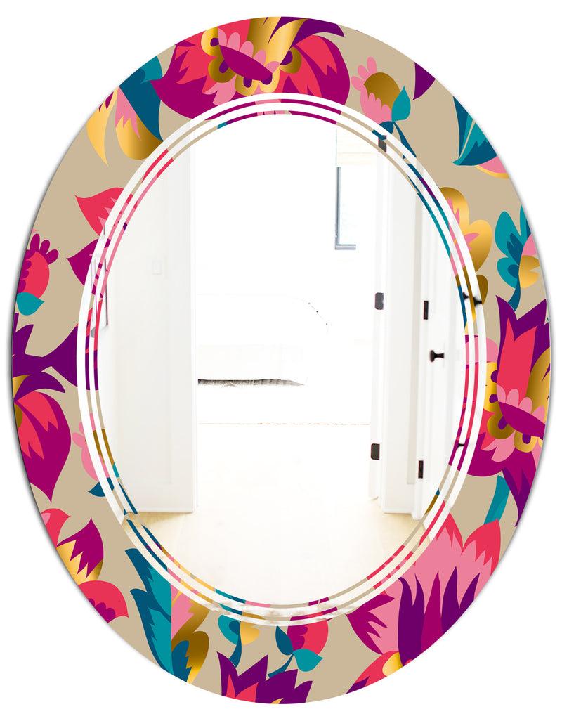 DesignQ Elegant Blossom Hand Drawn Folk Pattern - Cottage Round Or Oval Wall Mirror - Triple C