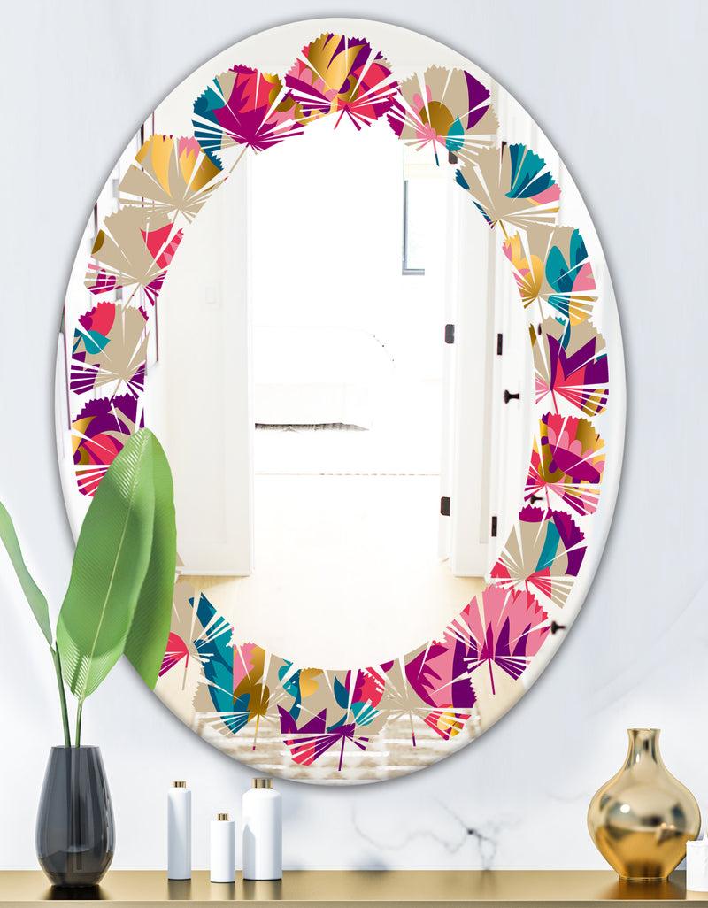 DesignQ Elegant Blossom Hand Drawn Folk Pattern - Cottage Round Or Oval Wall Mirror - Leaves