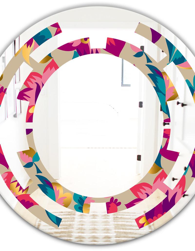 DesignQ Elegant Blossom Hand Drawn Folk Pattern - Cottage Round Or Oval Wall Mirror - Space