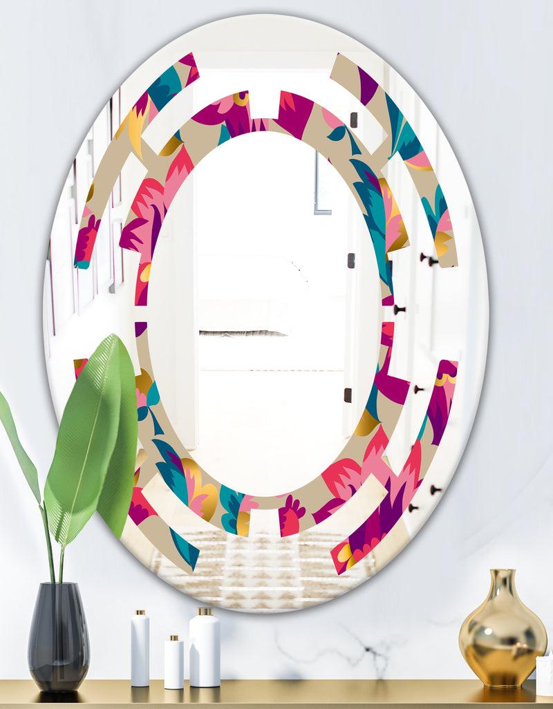 DesignQ Elegant Blossom Hand Drawn Folk Pattern - Cottage Round Or Oval Wall Mirror - Space