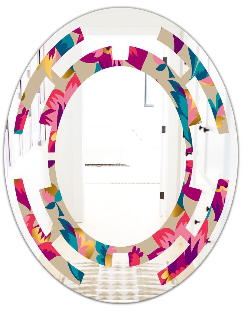 DesignQ Elegant Blossom Hand Drawn Folk Pattern - Cottage Round Or Oval Wall Mirror - Space