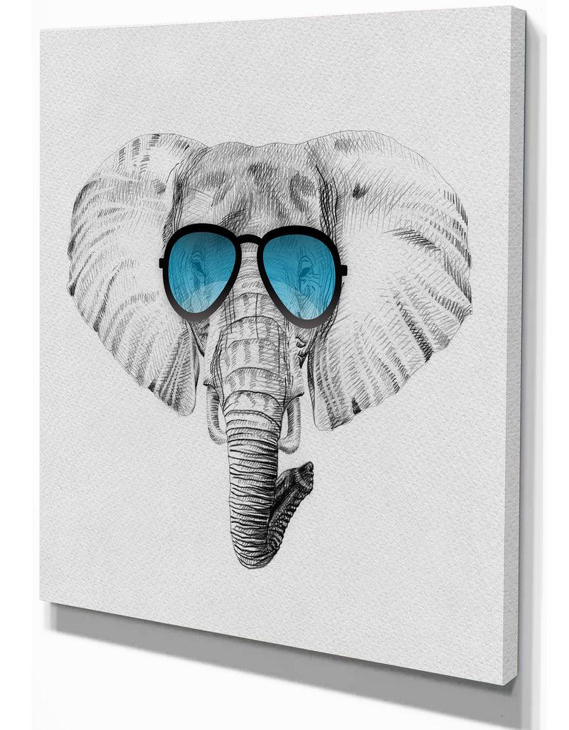 DesignQ Elephant In Sunglasses - Sketch Animals Digital Print On Wrapped Canvas