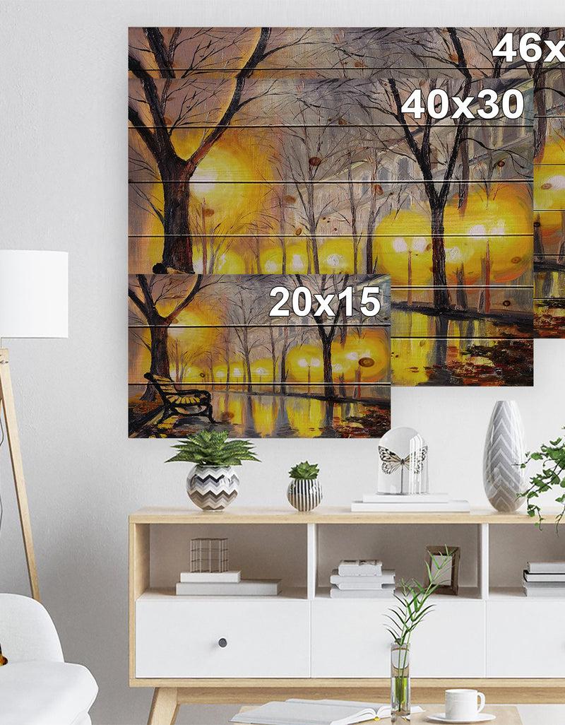 DesignQ Empty Autumn Street - Landscape Print On Natural Pine Wood