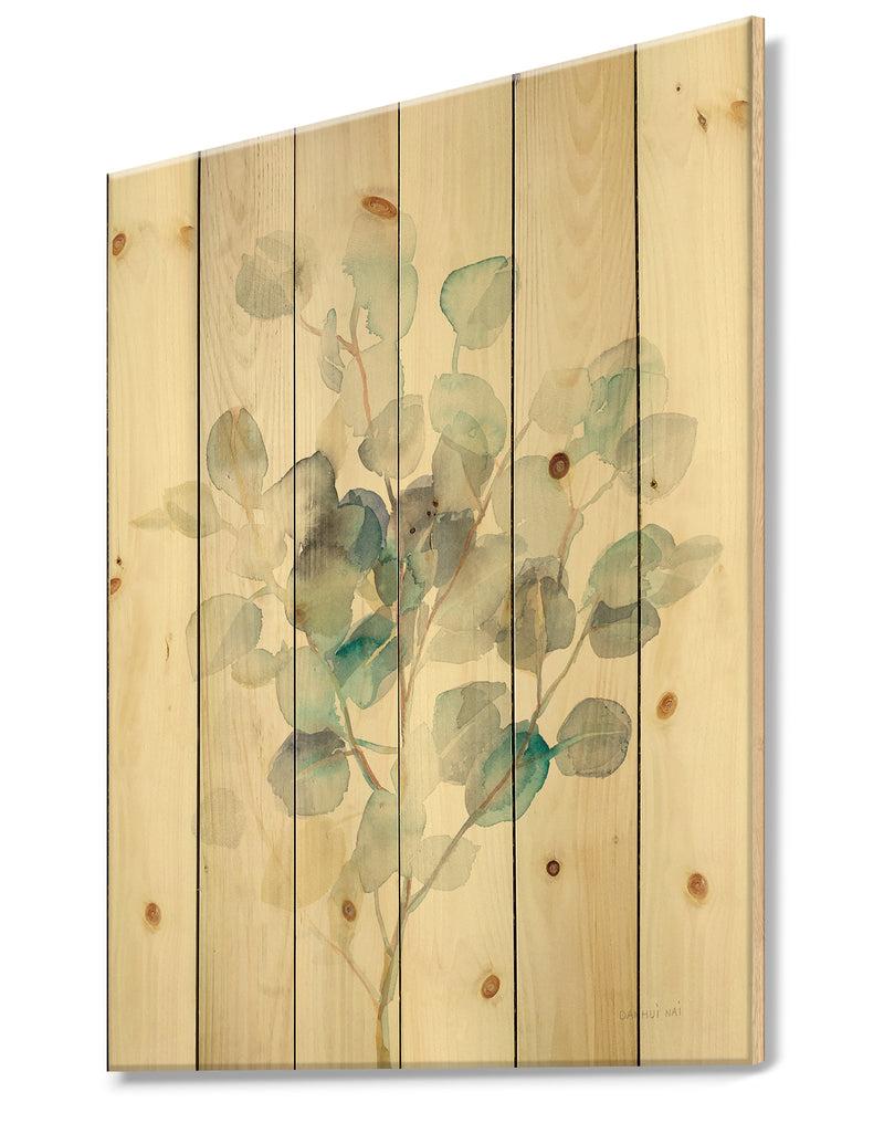 DesignQ Eucalyptus Leaves I - Farmhouse Print On Natural Pine Wood
